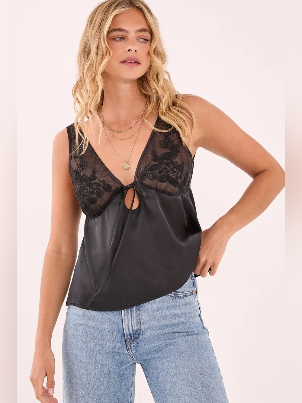 Nasty Gal Black Satin & Lace V-Neck Tie Front Cami